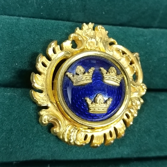 Vintage Sporrong & Co. Stockholm Blue Enamel 3 Crown Gold Brooch Pin Swedish - Picture 7 of 16